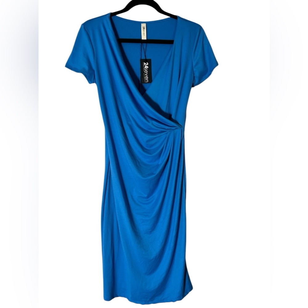 24 Seven faux wrap dress ruched waist‎ short sleeve midi fitted blue size small